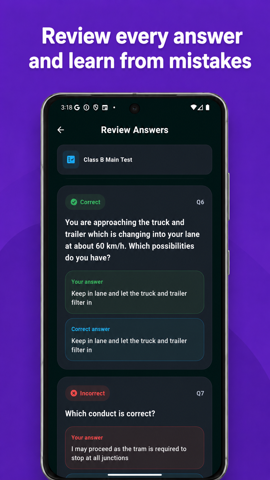 DriveBW answer review screen